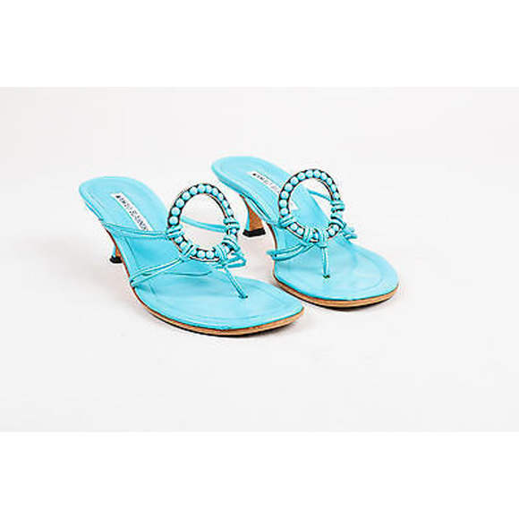 Manolo Blahnik Shoes - Manolo Blahnik Kitten Heel Leather Beaded Circle Turquoise Blue EU 37.5 US 7